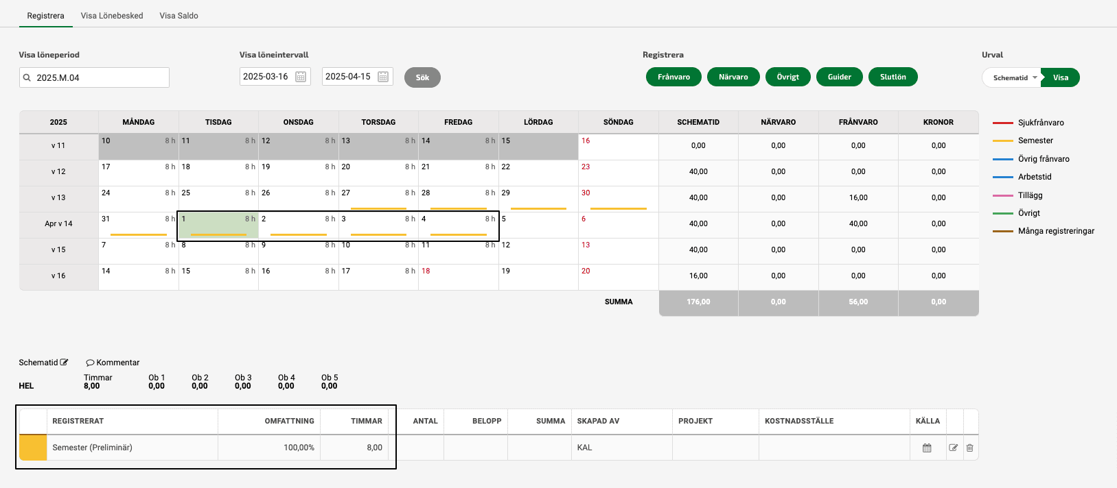 Nu har sju semesterdagar registrerats i kalendern inom avvikelsperioden 16 mars till 15 april där tre dagar är i mars månad och fyra dagar i april månad.