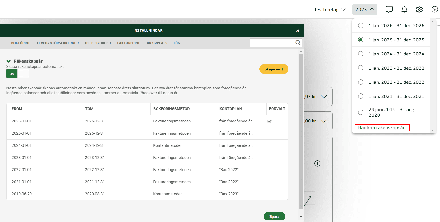 Under programinställningar ser du alla räkenskapsår under blocket Räkenskapsår.