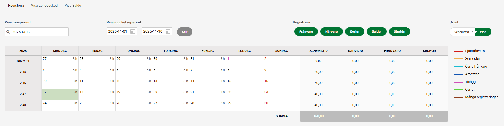 Om du har ett schema kommer schematiden synas per dag i kalendern. Du utgår från att detta är den arbetade tiden du skulle arbeta och det är endast avvikelser som du ska registrera.