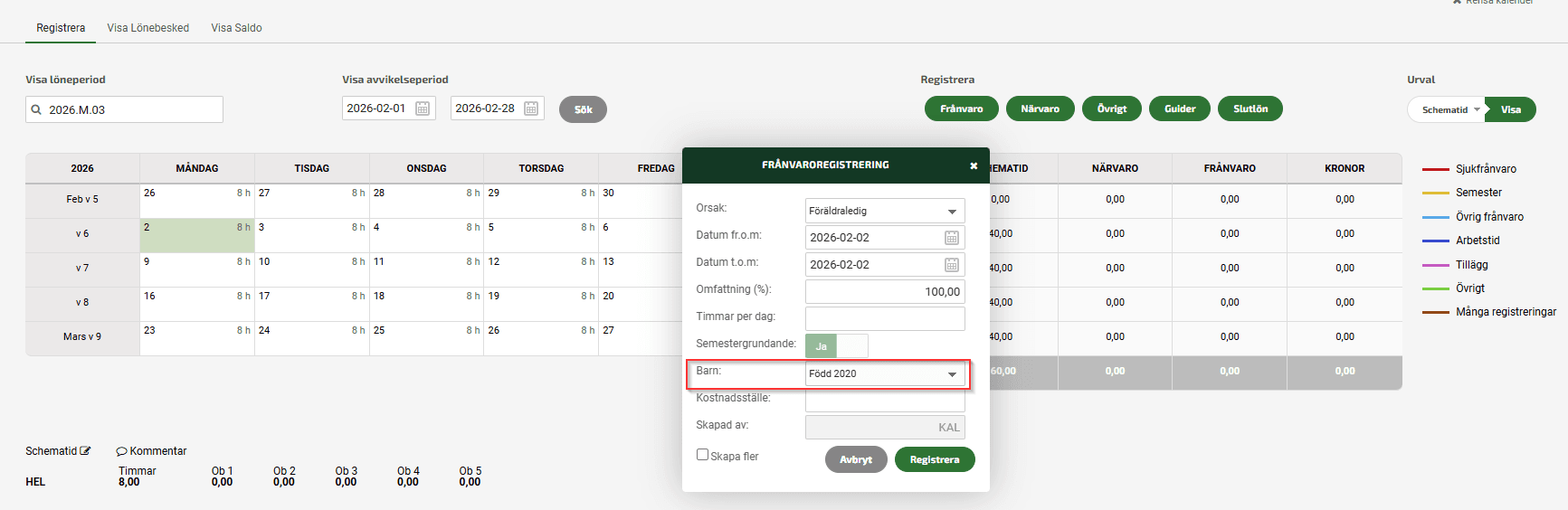 Anställda med behörighet för kalendern har möjlighet att lägga till barn vid registrering av föräldraledighet som frånvaro både i Fortnox app och vid inloggning på webben.