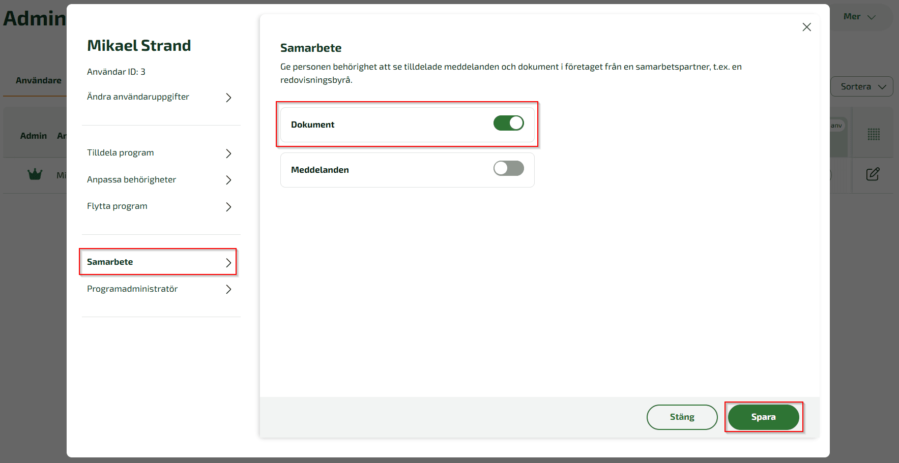 Klicka på Samarbete och slå på reglaget vid Dokument.