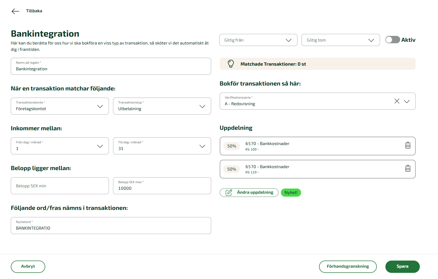 Vill du kunna fördela olika kostnadsställen/projekt på flera konton kan du göra detta genom att lägga till fler motkonton.