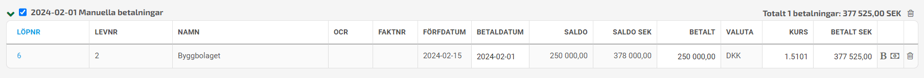 När du manuellt har lagt till en faktura för betalning så uppdateras inte valutakursen om du därefter ändrar betaldatum.