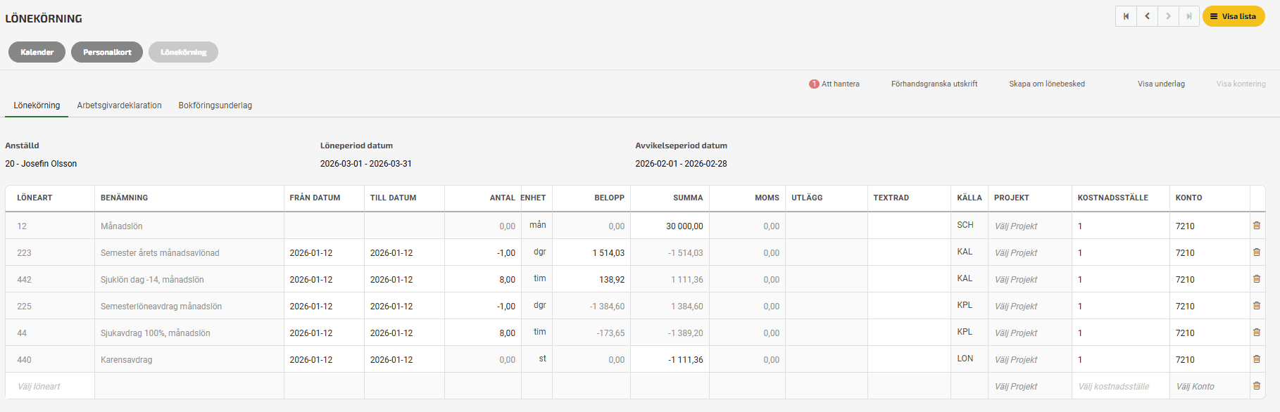 Lönebesked i mars månad med rättelse.