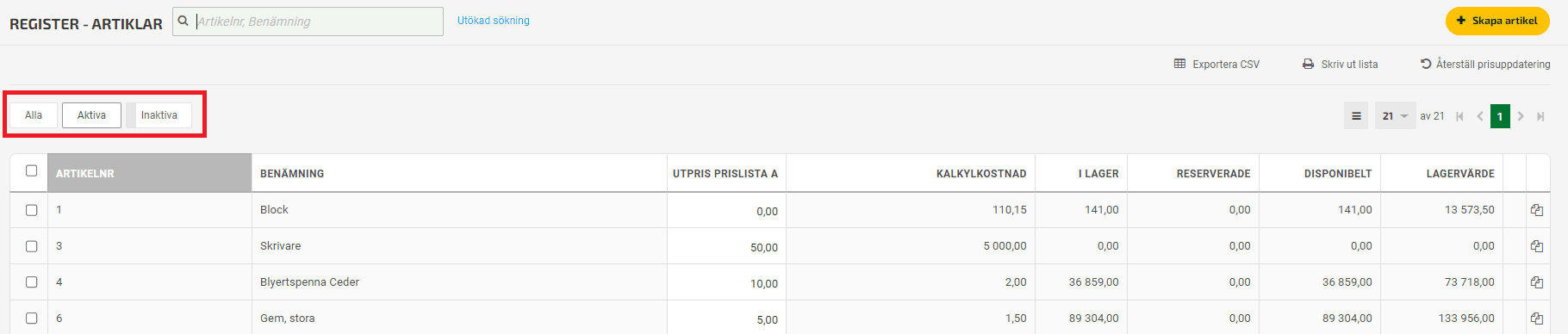 I artikelregistret kan du filtrera på alla, aktiva och inaktiva artiklar.