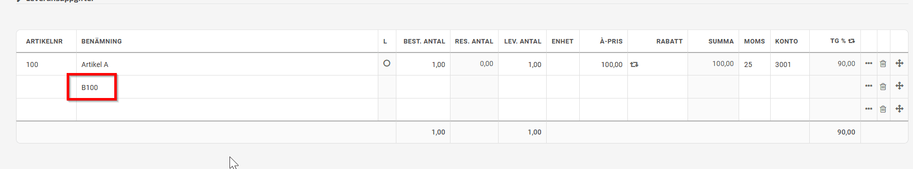 Vill du att batchnummer ska synas mot kund skriver du in det manuellt på en tom benämningsrad.