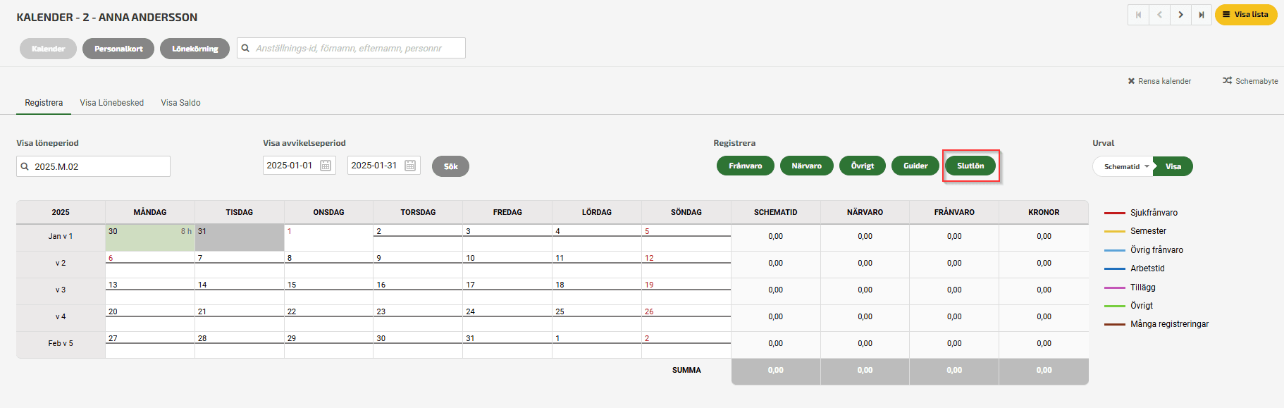 Du hittar guiden inne i kalendern för en specifik anställd via knappen Slutlön.