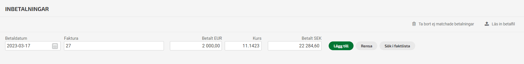 När det gäller inbetalningar så är det betaldatumet som styr vilken valutakurs som hämtas för utländska fakturor.