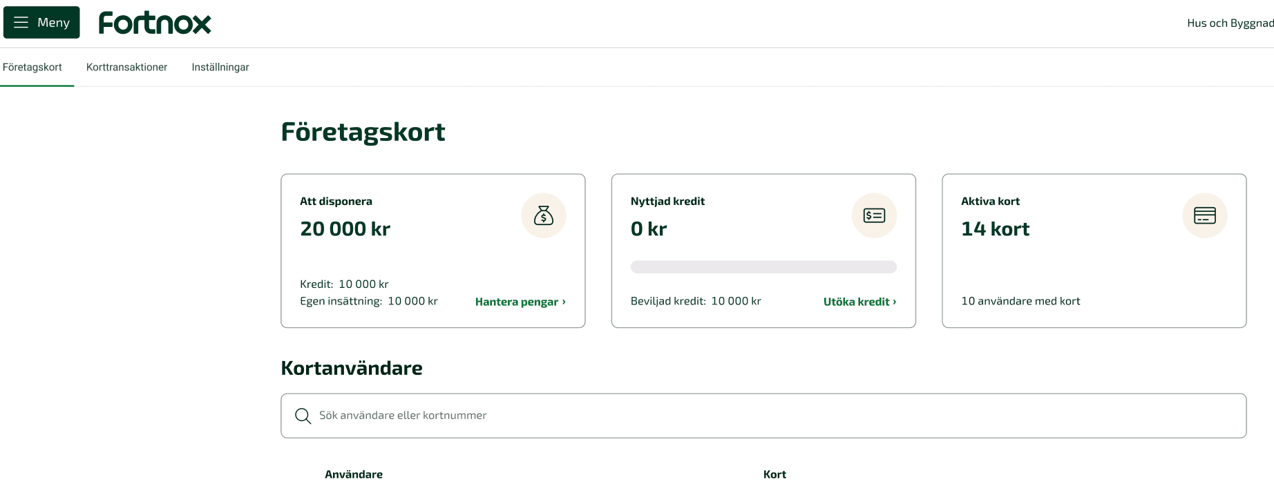 Gå till Meny - Företagskort och klicka på Hantera pengar.