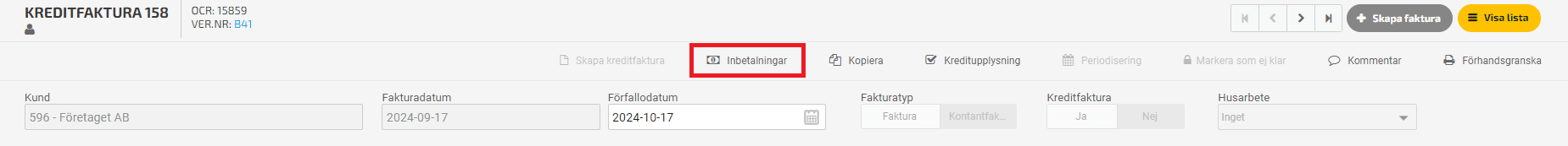 För att registrera kreditfakturan som betald klickar du på Inbetalningar.