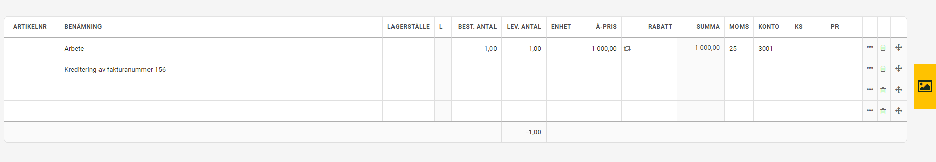 Kontrollera att artiklar, antal och pris på kreditfakturan stämmer.