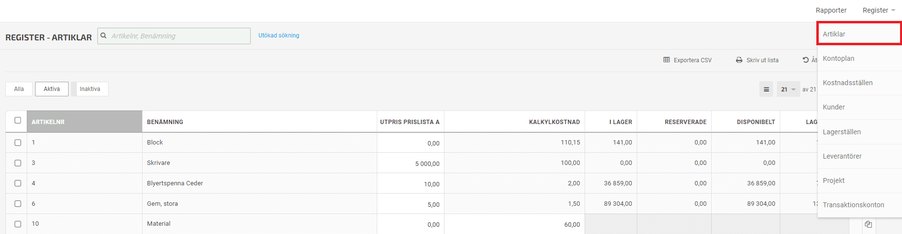 Under Register - Artiklar ser du artiklarna i artikelregistret och kan lägga till fler.