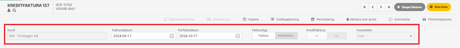 Välj vilket datum du vill ha på kreditfakturan och se över att övriga uppgifter är korrekta.