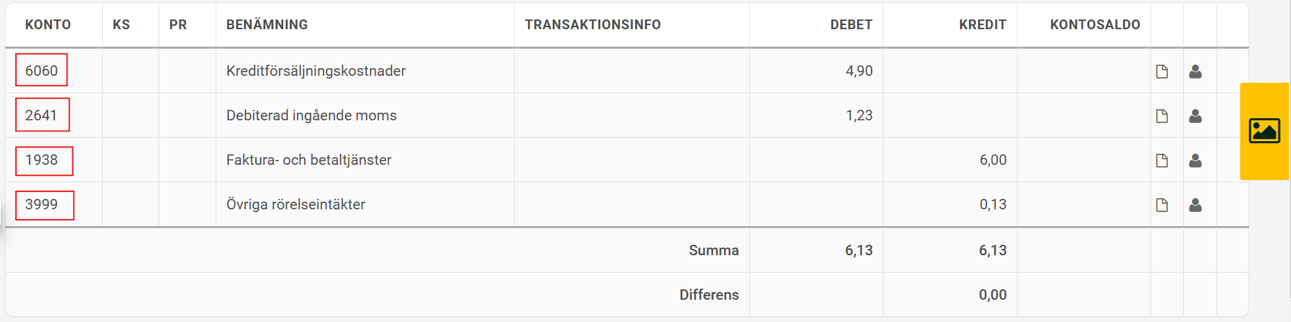 När du skickar fakturan med fakturaservice bokförs den på kontona 6060, 2641, 1938 och 3999.