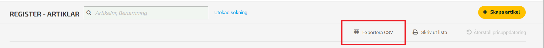 I artikelregistret kan du exportera CSV.