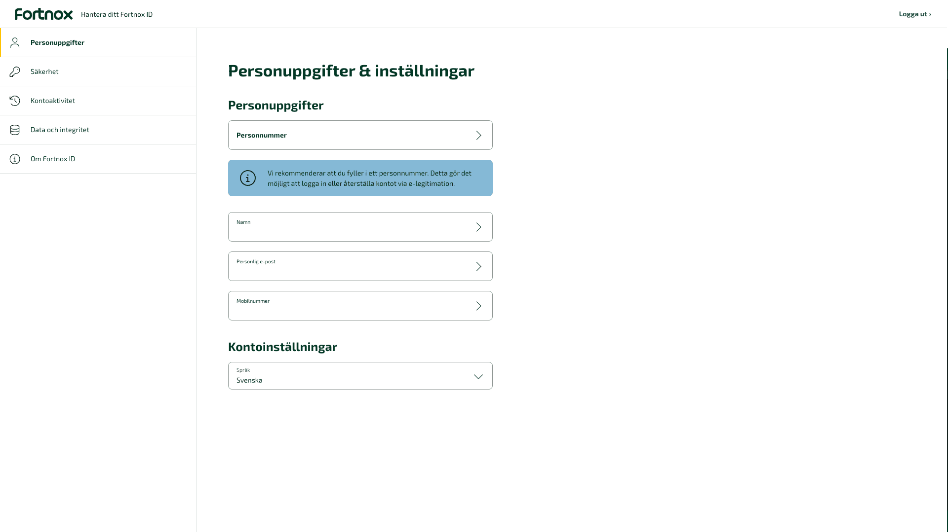 I vyn Personuppgifter & inställningar kan du ändra dina användaruppgifter.