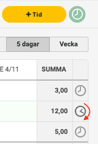 Klicka på klockan längst till höger på registreringsraden för att sätta igång tidtagning.