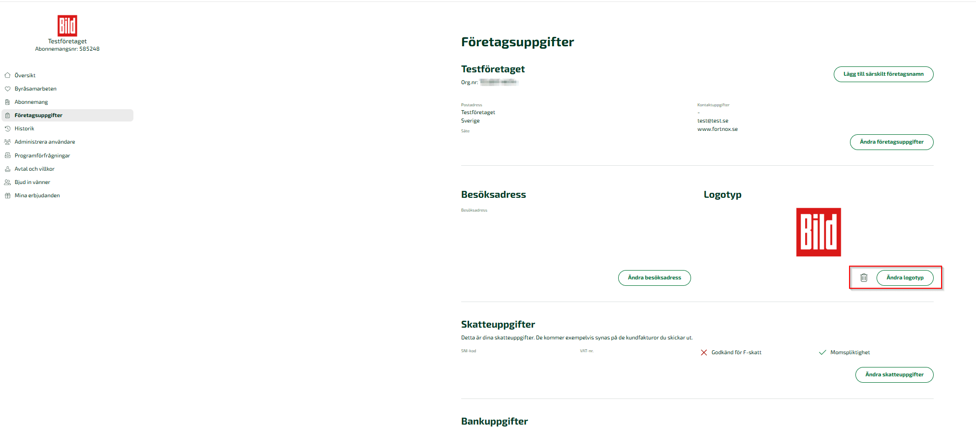 Klicka på Ändra logotyp under Företagsuppgifter om du vill ändra företagets logga.