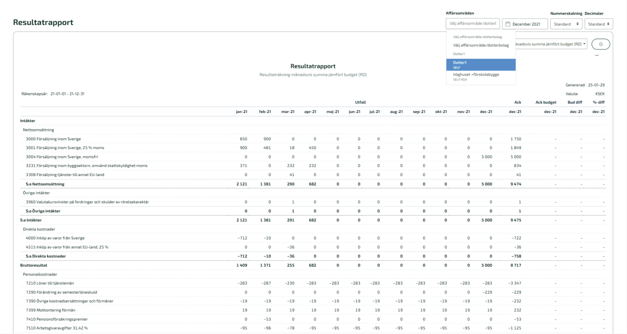 Affärsområdet kommer sedan finnas med i fältet Affärsområden när rapporten ska upprättas.