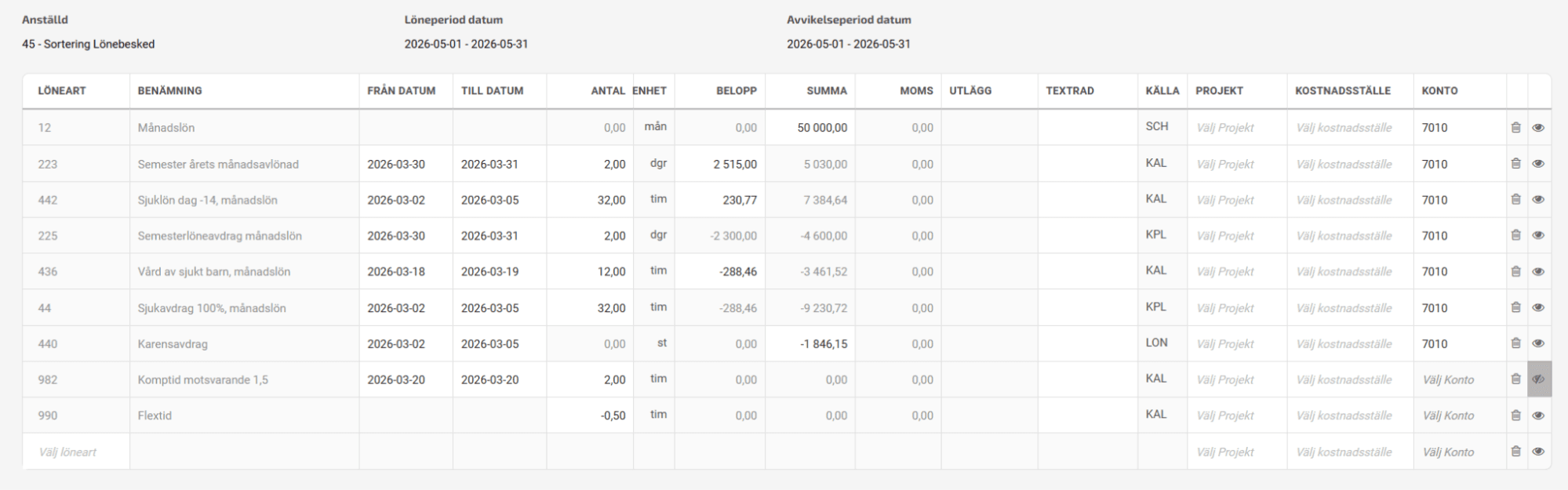 Exempel på sortering efter löneartstyp, på lönebeskedet.