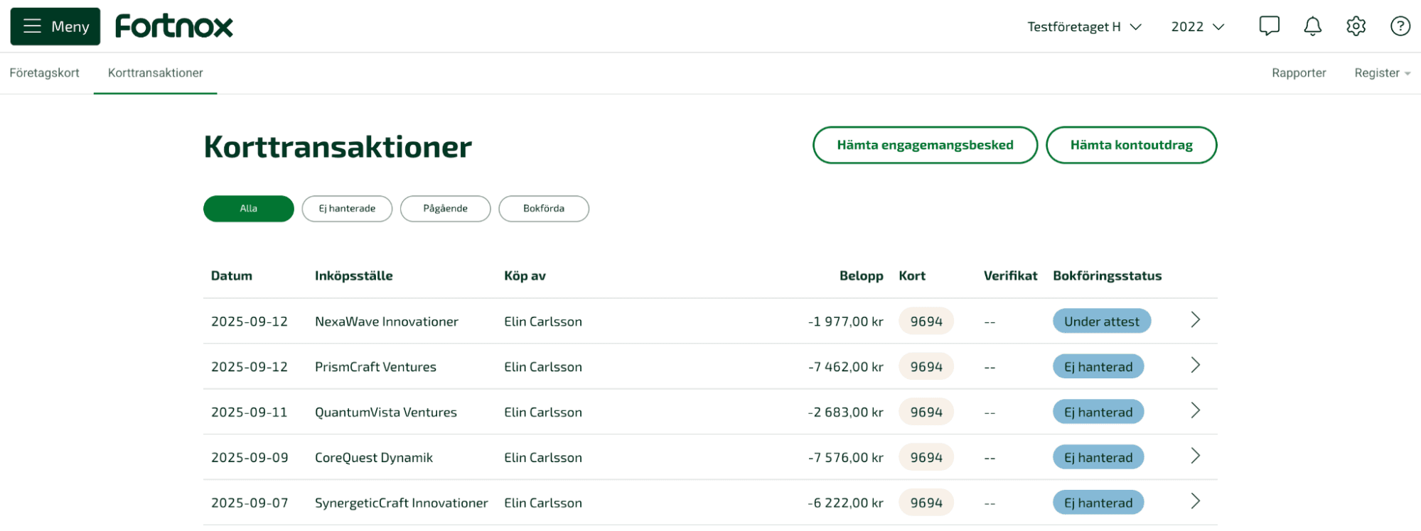 Lista med korttransaktioner att hantera.