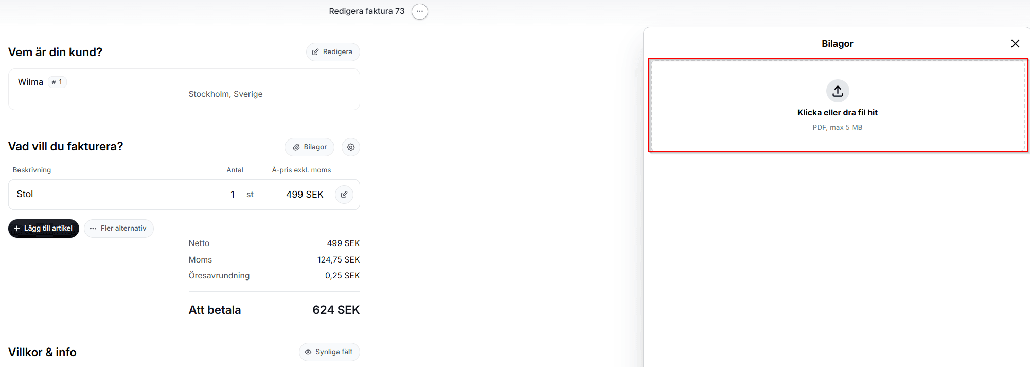 För att ladda upp en fil som en bilaga på det aktuella dokumentet väljer du att antingen dra in filen och släppa i rutan, eller att klicka på rutan, då du får hämta filen från datorn.