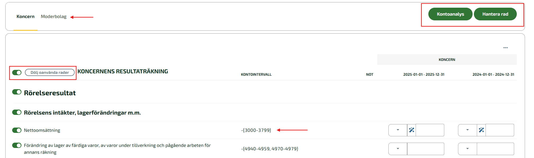Det går att dölja alla rader som inte används, eller enskilda rader, i respektive resultat- och balansräkning samt kassaflödet.