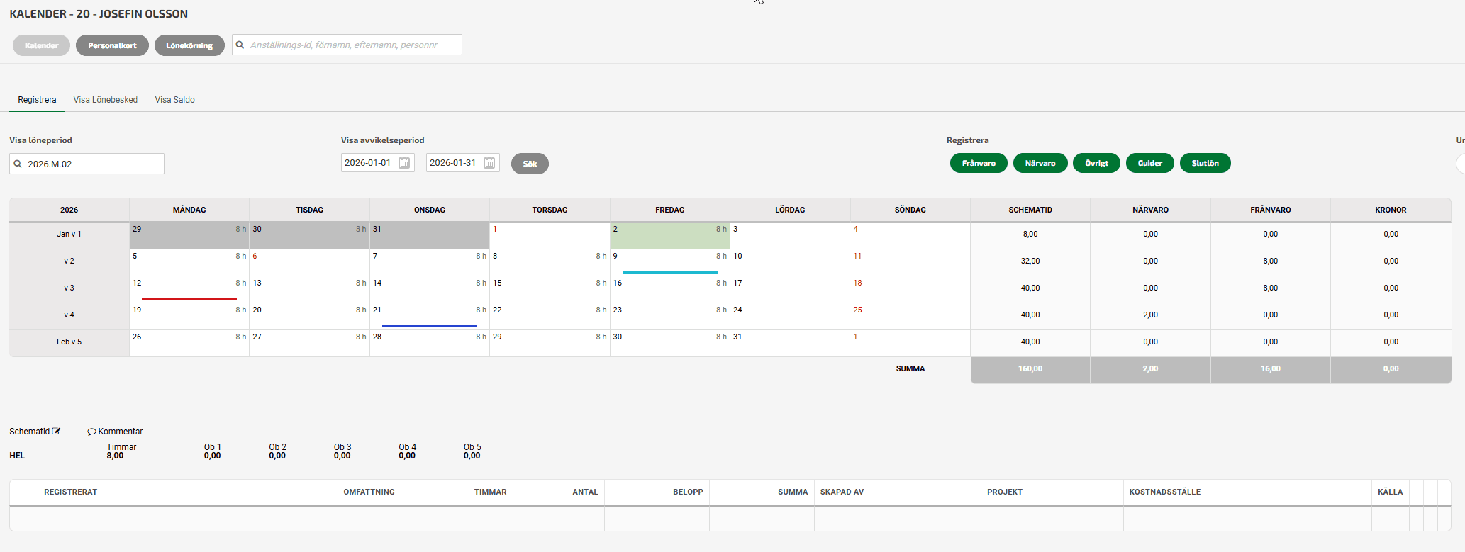 Här kan du välja period, antingen genom rullgardinsmenyn under Visa löneperiod eller genom att söka fram ett datumintervall manuellt under Visa avvikelseperiod.