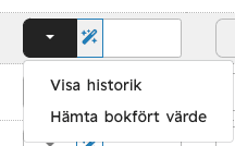 Under pilen till vänster om respektive ruta finns möjlighet att Visa historik alternativt Hämta bokfört värde.