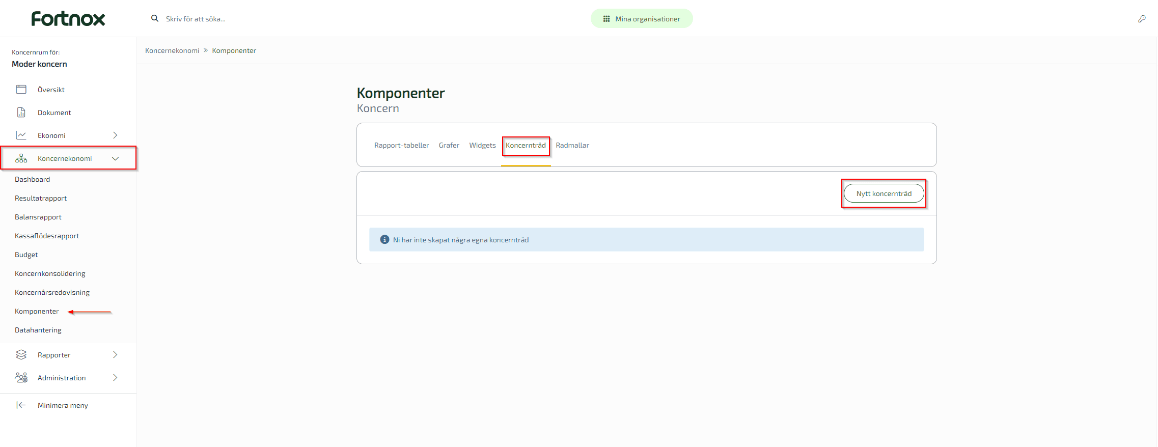 För att upprätta en graf av koncernträd går du till Koncernekonomi - Komponenter - Koncernträd.