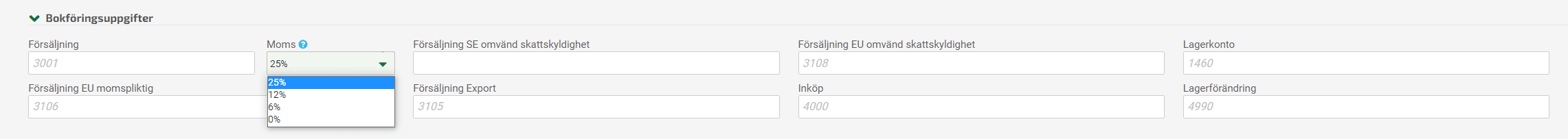 Har du aktiverat den förenklade momshanteringen kan du justera moms på artikeln.