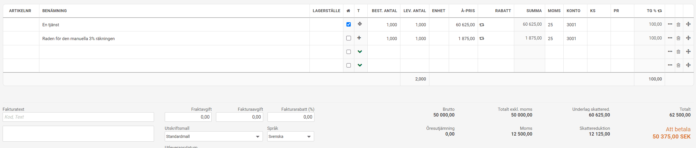 Exempel på faktura med fastpris vid totalentreprenad.