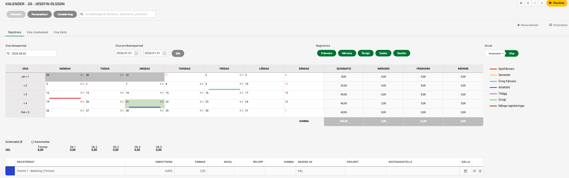 Du som har behörighet att registrera i kalendern kommer direkt till kalendern när du klickat på Lön i huvudmenyn.