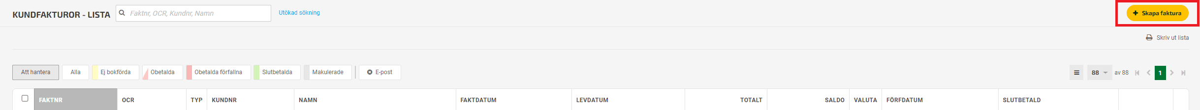 Klicka på +Skapa faktura för att skapa en ny kundfaktura.