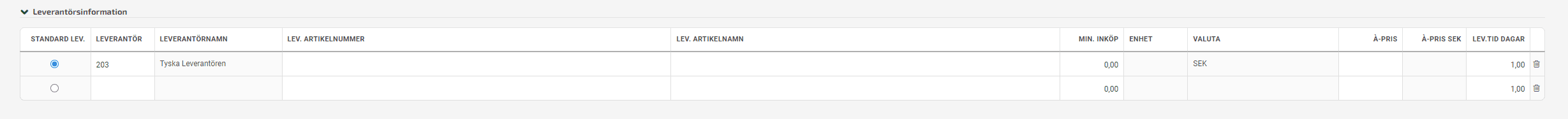 Under leverantörsinformation lägger du in info om leverantören som artikeln kommer ifrån.