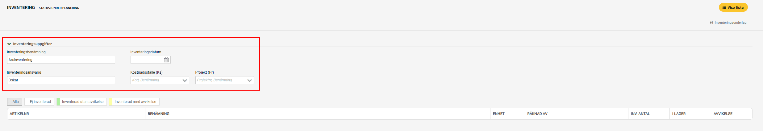 Här anger du om inventeringen tillhör ett projekt.