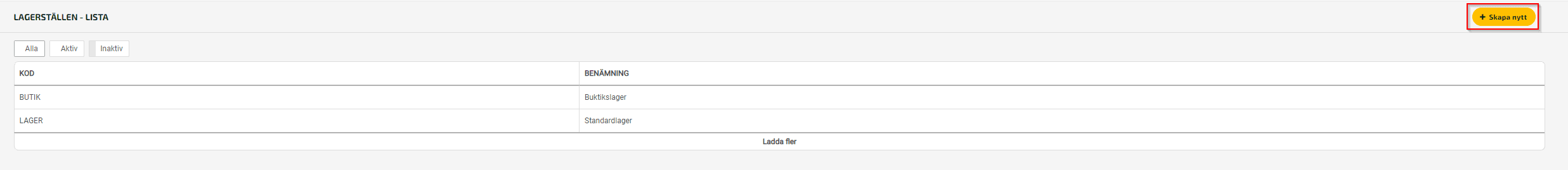 Skapa nytt lagerställe.