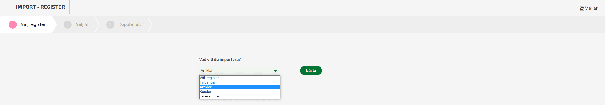 Klicka på Välj register, välj Artiklar och klicka därefter på Nästa.