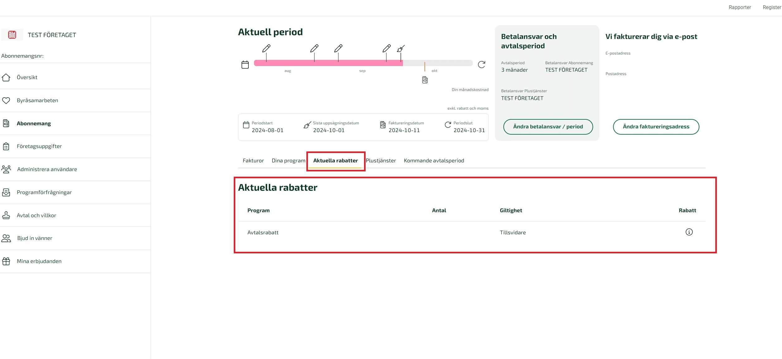Under Aktuella Rabatter kan systemadministratören se rabatterna för sina olika programdelar och paket.