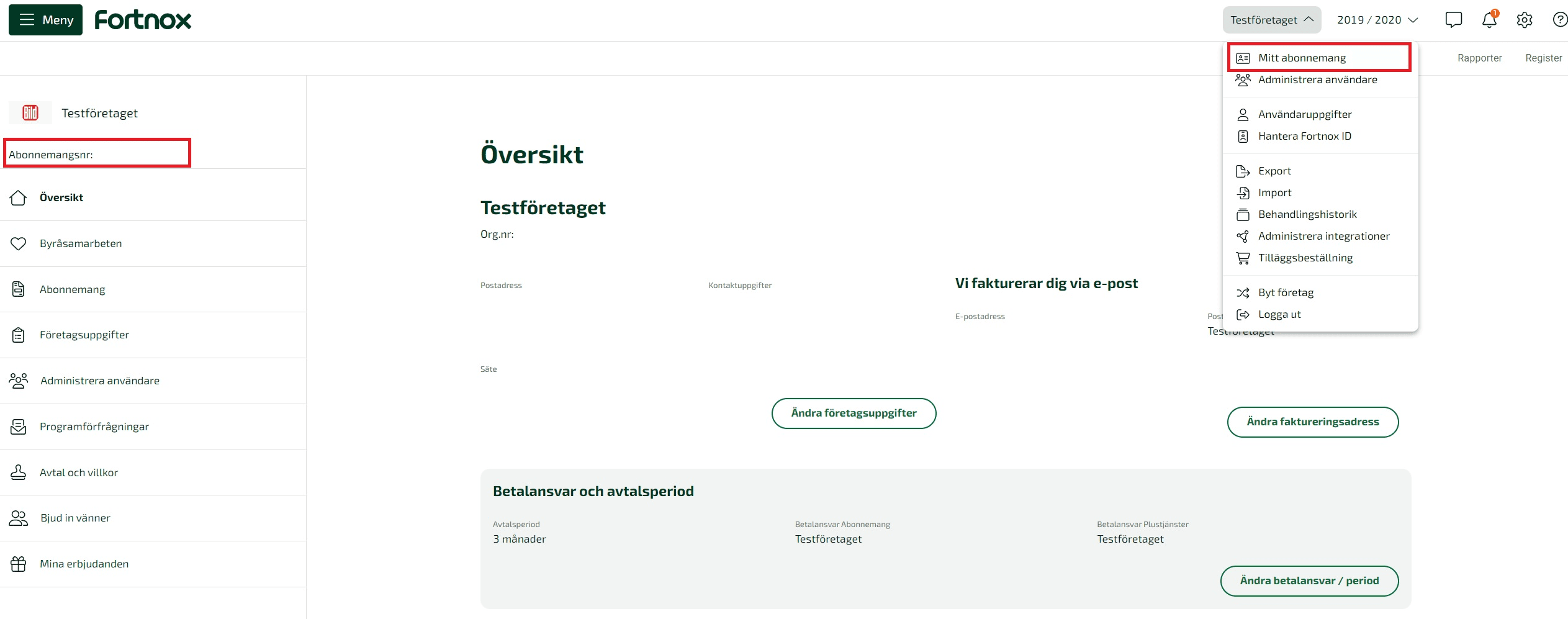 Du ser ditt abonnemangsnummer längst upp i vänstermenyn.