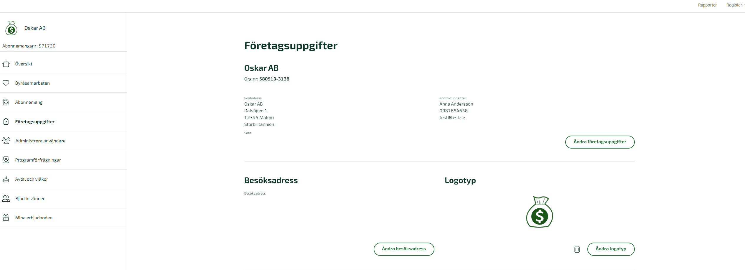 Under företagsuppgifter anger du ditt företags kontaktuppgifter samt lägger in företagets logotyp.