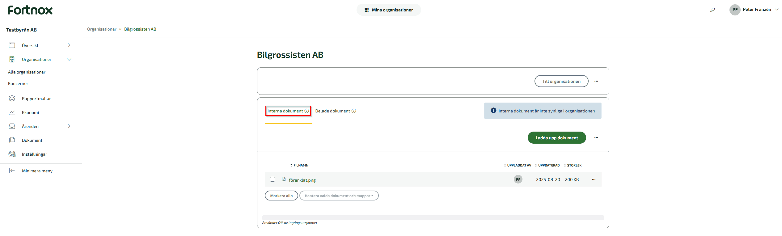 Interna dokument är en plats där byrån kan samla dokument som rör en specifik klient.