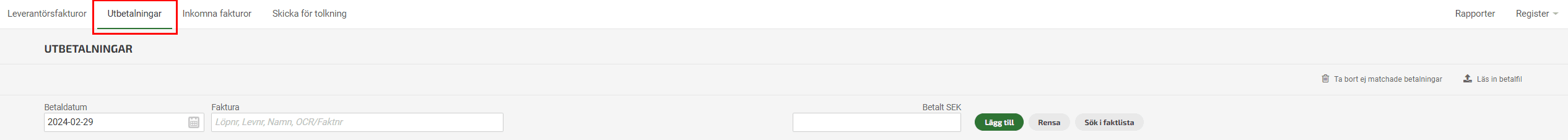 Du kan registrera betalningar av leverantörsfakturor i filken Utbetalningar.