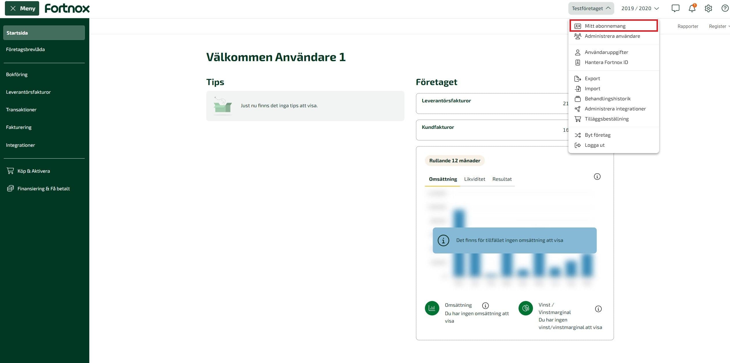 Klicka på ditt företagsnamn och sedan Mitt Abonnemang för att komma till Företagsuppgifter.