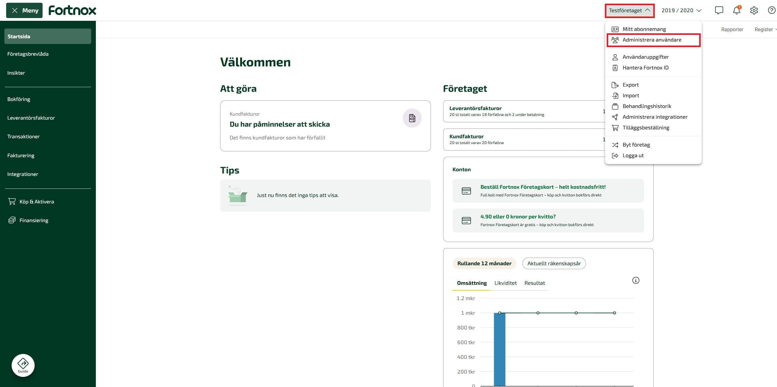 För att säga upp program klickar du på ditt företagsnamn och väljer Administrera användare.