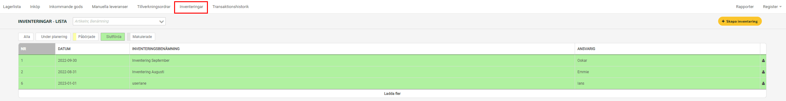 Klicka på fliken Inventeringar i Fortnox Lager.