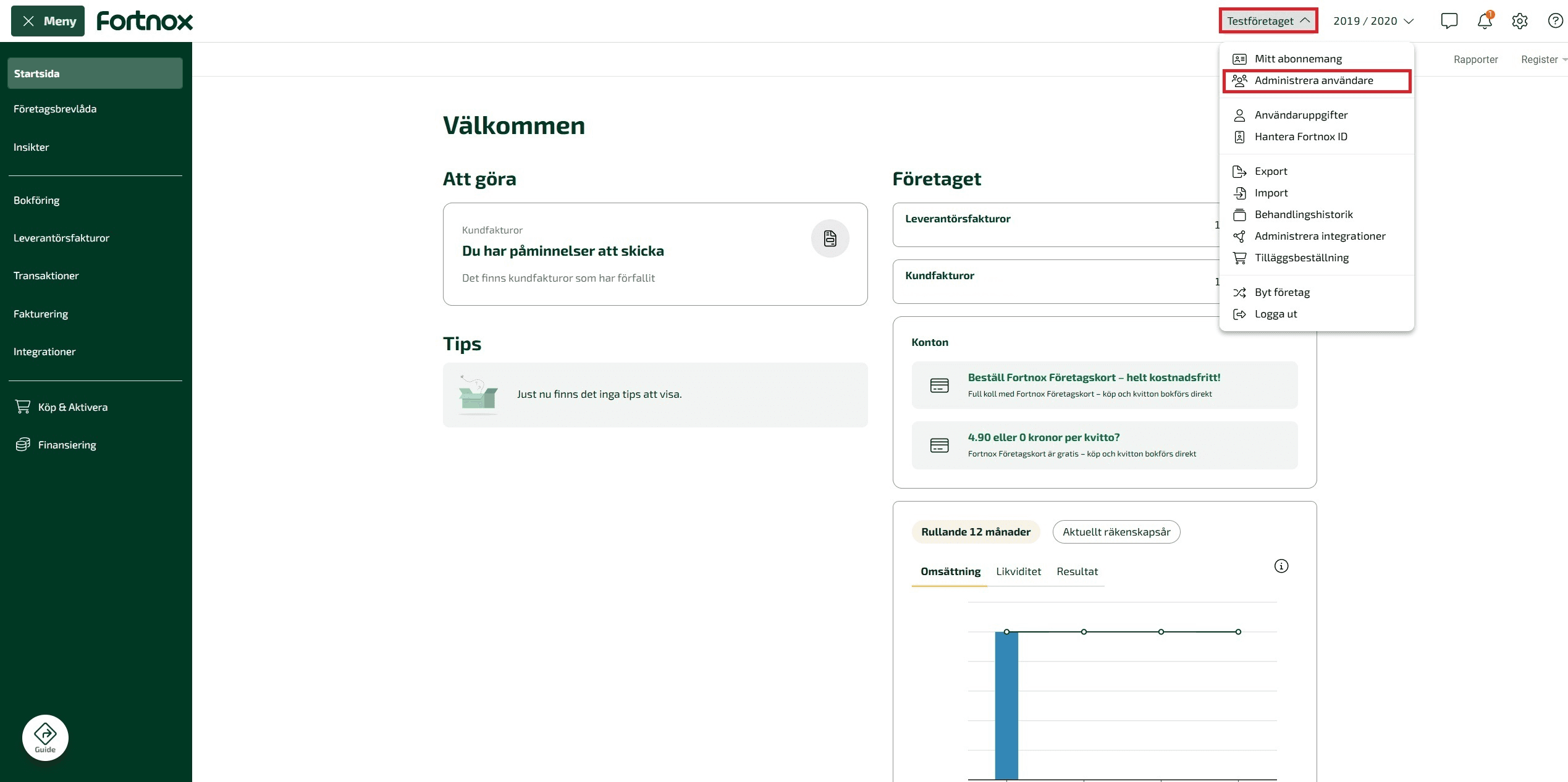 För att tilldela behörighet för rapporter klickar du på företagsnamnet och väljer sedan Administrera användare.