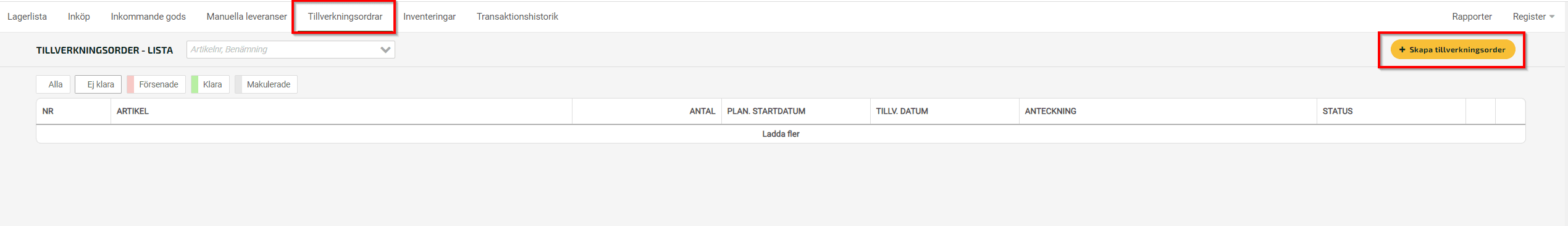 Klicka på Skapa tillverkningsorder uppe till höger, på fliken Tillverkningsorder.