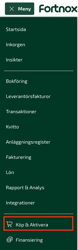 Klicka på Meny och välj sedan Köp & Aktivera.