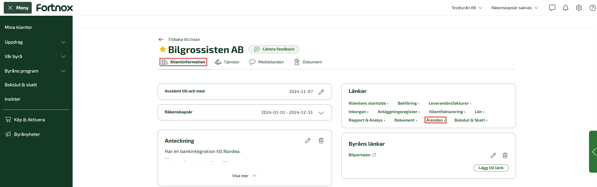 Du når Ärenden för en klient genom att klicka på Ärenden under Länkar när du befinner dig på klientinformationen för den aktuella klienten.